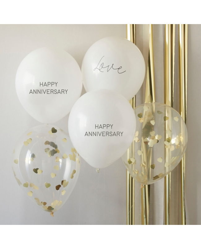 Balloon Bundle Feliz Aniversario Y Confeti Del Corazon White & Gold ***OFERTA DTO NO ACUMULABLE