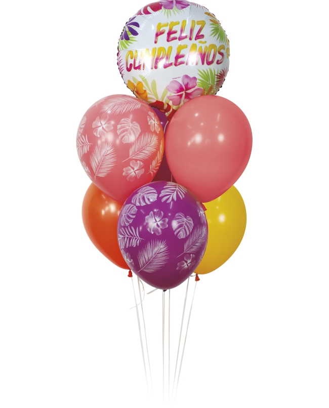 Bouquet Tropical Feliz Cumple Foil 45cm + 6 Globos Latex R12 - 021-056-059-061