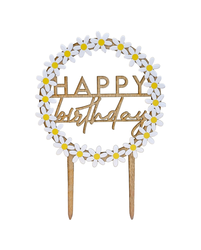 Adorno Pastel Happy Bday Madera Y Margaritas Papel ***OFERTA DTO NO ACUMULABLE