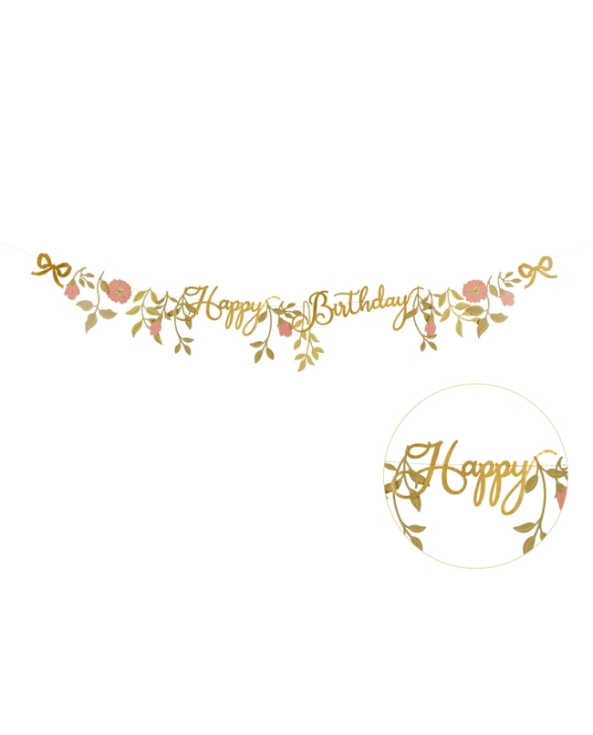 Guirnalda Happy Bday Flores Rosa/Oro 1.3m ***OFERTA DTO NO ACUMULABLE