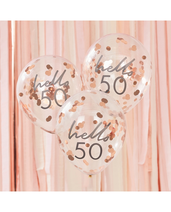 Globos Latex Con Confeti Rosa Dorado Hello 50 ***OFERTA DTO NO ACUMULABLE