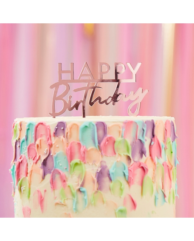 Adorno Pastel Happy Birthday Acrilico Rosa Oro ***OFERTA DTO NO ACUMULABLE