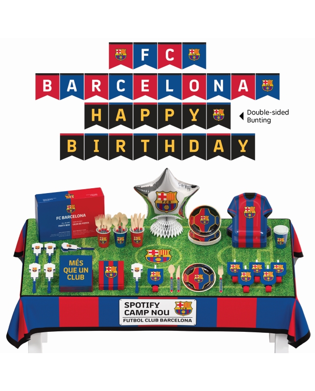Caja Fiesta FC BARCELONA 75 Piezas Para 6 Personas (Plato, Vaso, Mantel, Servilleta, Cubiertos, Centro de Mesa, Espantasuegras, Aplaudidores y Guirnalda) ***OFERTA DTO NO ACUMULABLE