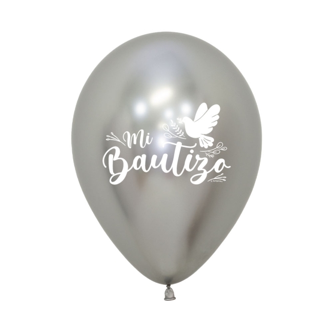 Globo Latex R12 Sempertex Reflex Plata Bautizo Palomas 2 Caras 30cm