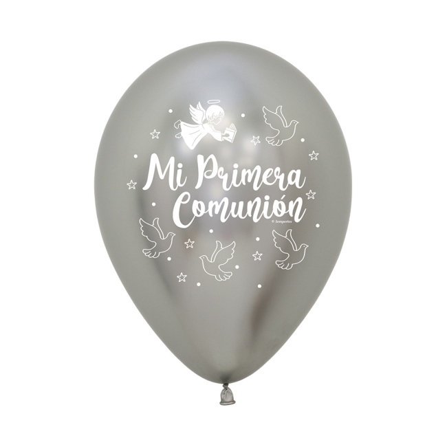 Globo Latex R12 Sempertex Reflex Plata 1 Comunion Palomas 2 Caras 30cm