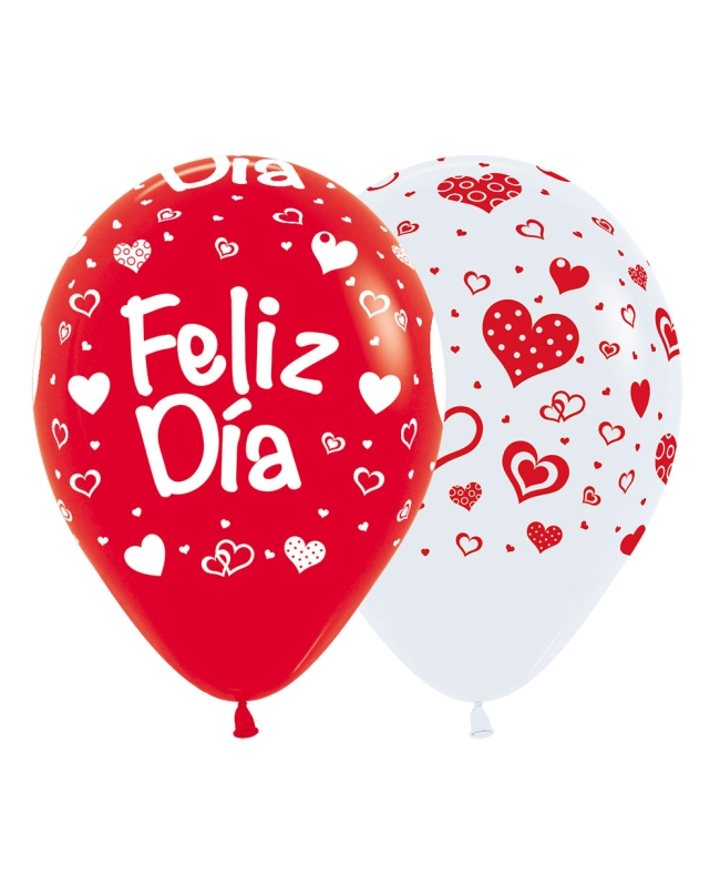 Globo Latex R12 Sempertex Fashion Solido Rojos y Blancos Feliz Dia Corazones 30cm