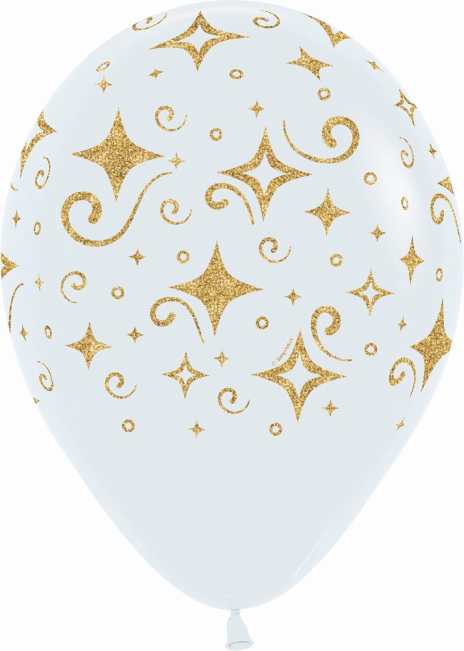 Globo Latex R12 Sempertex Blanco 005 Diamantes Glitter Dorado 30cm