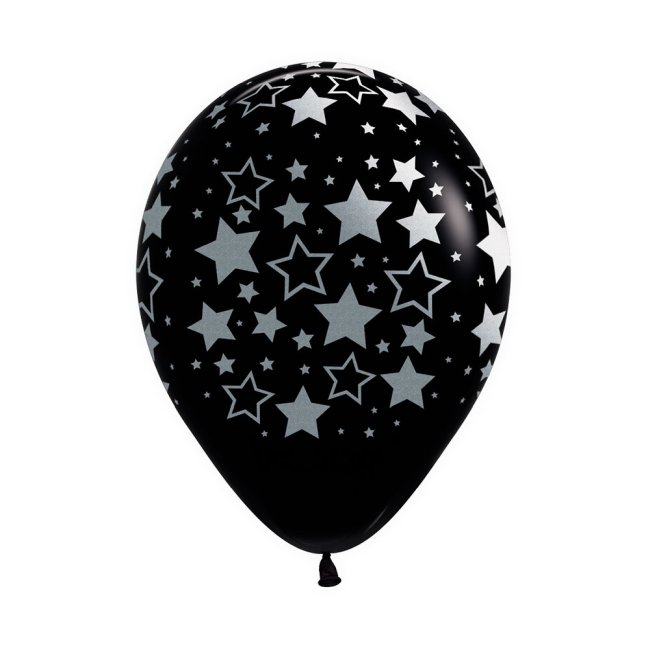 Globo Latex R12 Sempertex Negro Estrellas Bold Tinta Metal 30cm