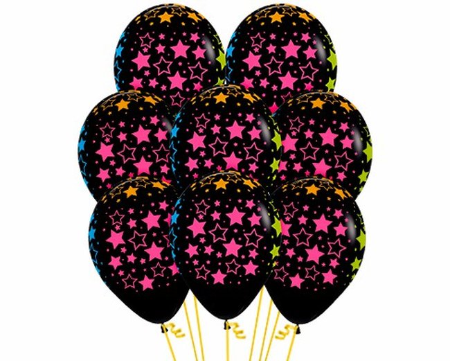 Globo Latex R12 Sempertex Fashion Solido Negro Estrellas Neon 30cm