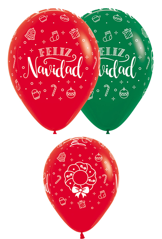 Globo Latex R12 Sempertex Fashion Solido Rojo / Verde Feliz Navidad 30cm