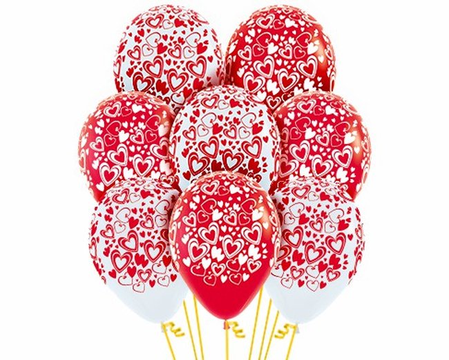 Globo Latex R5 Sempertex Fashion Solido Rojo Corazanos Dobles Blancos 13cm