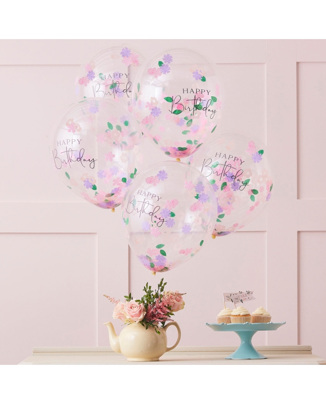 Globos Latex Con Confeti Flores Happy Bday ***OFERTA DTO NO ACUMULABLE