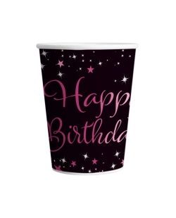 Vasos 250ml Papel Cumple Estrellado Rosa H.Bday