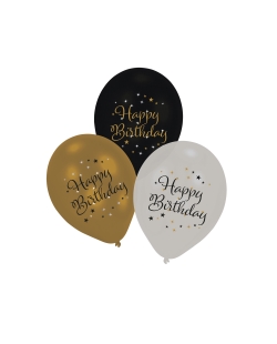 Globos Latex 27cm Cumple Estrellado Oro H.Bday