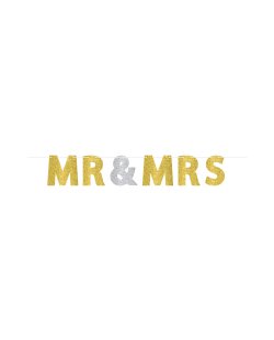 Banner Pancarta Letras de Purpurina Oro y Plata Mr &amp; MRS - 3,6m 