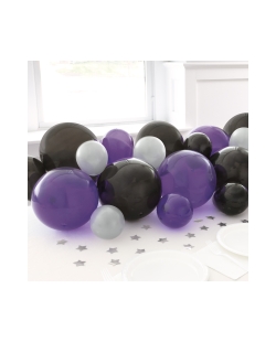 Kit Guirnalda Globos Perla Negro Morado Y Plata Y Confeti Metal