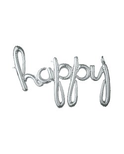 'Happy' Script Phrase Plata 39/99cm x 27/68cm