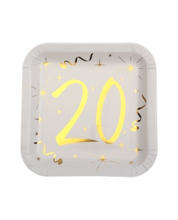 Platos Cuadrado Blanco Numero 20 Oro 23X23cm Carton ***OFERTA DTO NO ACUMULABLE