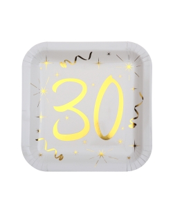 Platos Cuadrado Blanco Numero 30 Oro 23X23cm Carton ***OFERTA DTO NO ACUMULABLE