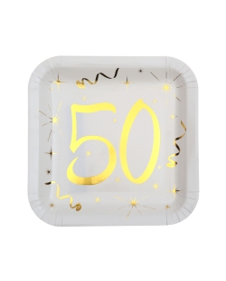 Platos Cuadrado Blanco Numero 50 Oro 23X23cm Carton ***OFERTA DTO NO ACUMULABLE