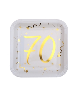 Platos Cuadrado Blanco Numero 70 Oro 23X23cm Carton ***OFERTA DTO NO ACUMULABLE
