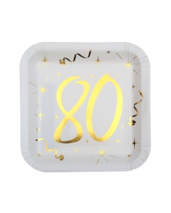 Platos Cuadrado Blanco Numero 80 Oro 23X23cm Carton ***OFERTA DTO NO ACUMULABLE