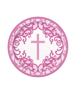 Platos 17,5cm Comunion Cruz Rosa