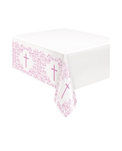 Mantel Plastico Comunion Cruz Rosa 1,37X2,13m