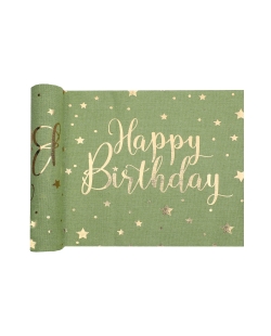 Camino Mesa Happy Bday Verde Oliva 28cm X 3m Algodon ***OFERTA DTO NO ACUMULABLE
