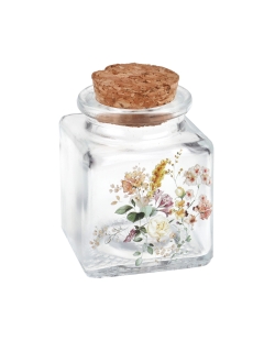Tarro Cuadrado Floral 4 X 4 X 6cm Vidrio Y Corcho ***OFERTA DTO NO ACUMULABLE