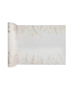 Camino Mesa Hojas Oro-Blanco 27cm Poliester Crepe ***OFERTA DTO NO ACUMULABLE