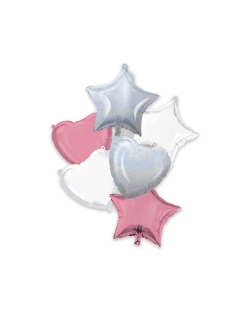 Bouquet 6 Globos 46cm Rosa, Blanco Y Iridisc. + Cinta Y Peso ***OFERTA DTO NO ACUMULABLE