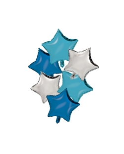 Bouquet 6 Globos 46cm Plata, Azul Y Azul Pastel + Cinta Y Peso ***OFERTA DTO NO ACUMULABLE