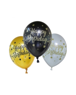 Globos Latex Happy Bday Oro/Negro