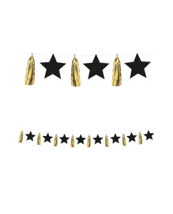 Guirnalda Borlas Oro Y Estrellas Negras Papel