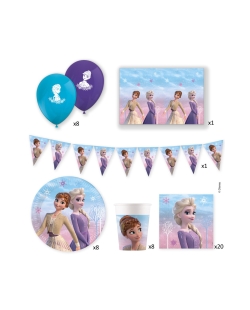 Caja Fiesta Frozen (Platos, servilletas, vasos, globos latex, guirnalda y mantel)