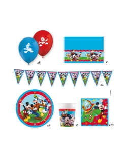 Caja Fiesta Mickey (Platos, servilletas, vasos, globos latex, guirnalda y mantel)