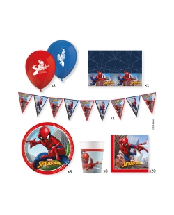 Caja Fiesta SpiderMan (Platos, servilletas, vasos, globos latex, guirnalda y mantel)