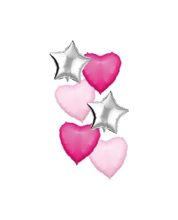 Bouquet 6 Globos 46cm Fucsia, Rosa Y Plata + Cinta Y Peso ***OFERTA DTO NO ACUMULABLE