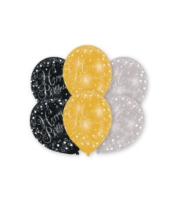 Globos Latex 27,5cm H.Bday Oro, Plata Y Negro 
