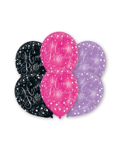 Globos Latex 27,5cm H.Bday Rosa, Morado Y Negro 