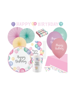 Party Set H.Bday Pastel: Plat, Vas, Serv, Mant, Guirn... 