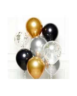 Globos Latex 27,5cm Kit Bouquet Negro, Oro Y Plata 