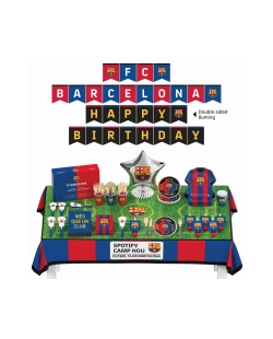 Caja Fiesta FC BARCELONA 75 Piezas Para 6 Personas (Plato, Vaso, Mantel, Servilleta, Cubiertos, Centro de Mesa, Espantasuegras, Aplaudidores y Guirnalda) ***OFERTA DTO NO ACUMULABLE