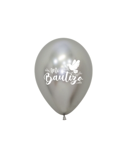 Globo Latex R12 Sempertex Reflex Plata Bautizo Palomas 2 Caras 30cm