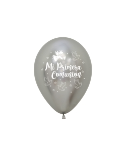 Globo Latex R12 Sempertex Reflex Plata 1 Comunion Palomas 2 Caras 30cm
