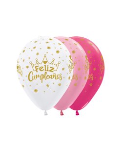 Globo Latex R12 Sempertex Surtido Satin Feliz Cumple Coronas 30cm