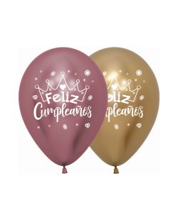 Globo Latex R12 Sempertex Feliz Cumpleaños Coronas Reflex Surtido, 909, 970 - 30cm