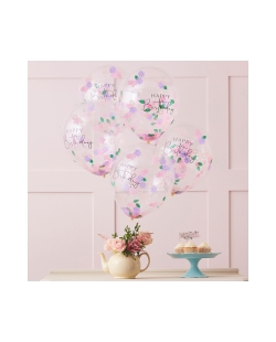 Globos Latex Con Confeti Flores Happy Bday ***OFERTA DTO NO ACUMULABLE